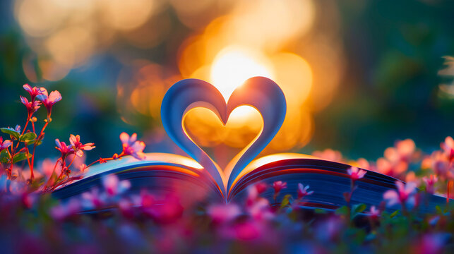 Paper pages of the book forming the shape of the heart, symbolizing the love for reading, education and knowledge. Studying literature concept, student wisdom encyclopedia wallpaper poster