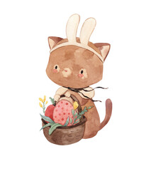 Watercolor cat with easter eggs illustration for kids