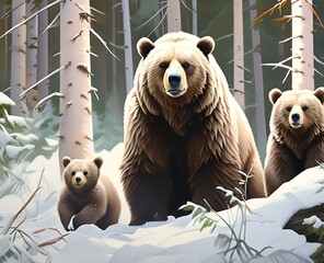 AI illustration of bears in the forest standing beside trees - obrazy, fototapety, plakaty