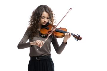 A young woman plays music beautifully Show off special abilities. Isolated on transparent background.