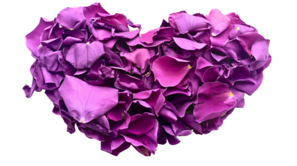Purple rose flower petals in the shape of the heart isolated on transparent background, wedding decoration, feminine romantic, woman or mother love