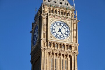 Scenic view of the Big Ben on blue sky background in London, England