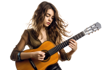 A young woman plays music beautifully Show off special abilities. Isolated on transparent background.