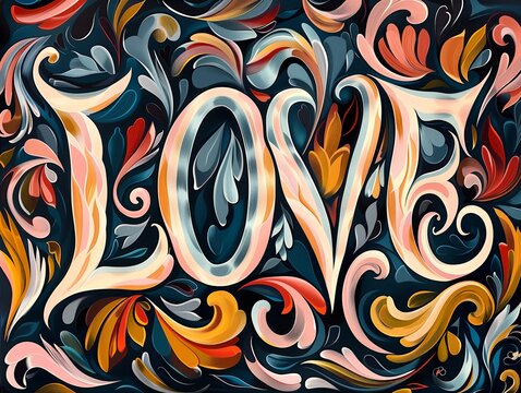 AI generated illustration of a vibrant painted artwork with the word "love" incorporated