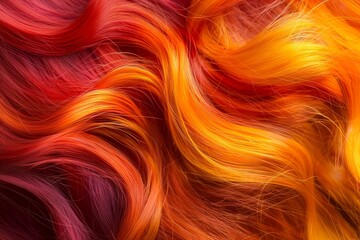 The rich, flowing tones of red and orange dye in hair offer a striking image for hair fashion and styling guides.