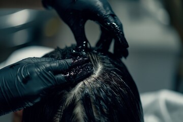 A focused image of precise hair coloring application in a salon, with a gloved hand applying dye, perfect for hairstyling and beauty technique exploration.
