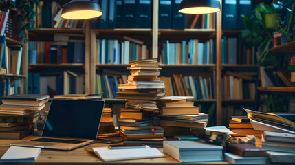 Laptop and pile of books placed on a table in a college or university library room for students education and knowledge. Business school studying and learning, notebook on desk