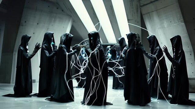 In the center of a dark background, a group of figures clad in black gather facing each other, holding white wire-like lines in their hands. 