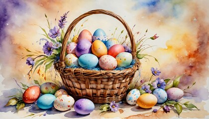 an artistic painting shows an easter basket full of eggs on the ground