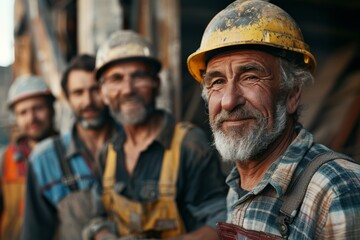 Fototapeta premium Group of smiling worker looking at the camera at the construction 