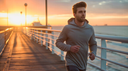 A handsome young man wearing shorts, jogging or running on wooden deck next to ocean or sea water. Cardio workout, healthy fitness lifestyle guy, waves in the background, active male, copy space
