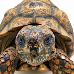 Fototapeta premium Direct frontal view of a tortoise with detailed shell patterns and focused eyes.