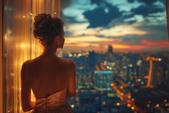 A Beautiful Woman Looking Out Of A Window Overlooking The City At Dusk