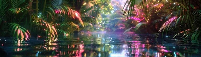 Crystalized Trees, Iridescent Leaves, Alien vegetation in a glowing jungle, A shimmering rain, 3D Render, Backlights, Depth of Field Bokeh Effect, Mirror shot - obrazy, fototapety, plakaty