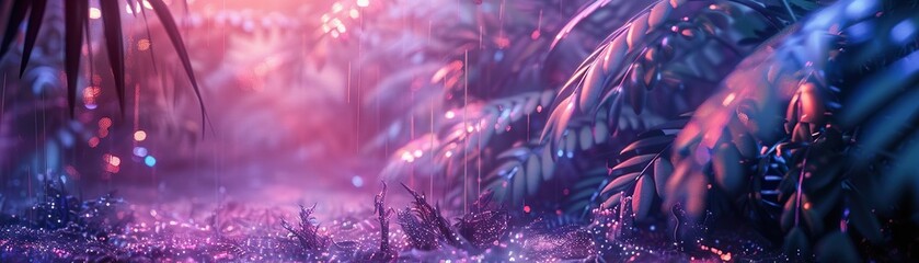 Crystalized Trees, Iridescent Leaves, Alien vegetation in a glowing jungle, A shimmering rain, 3D Render, Backlights, Depth of Field Bokeh Effect. - obrazy, fototapety, plakaty
