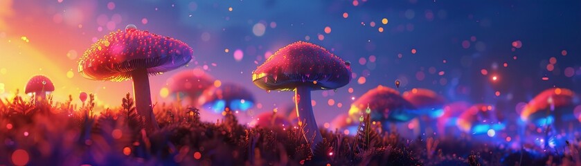Glowing Fungi, Floating Spores, Skyborne organisms in a neon sky, Electric storm, Realistic Image, Golden Hour, Chromatic Aberration, Silhouette shot - obrazy, fototapety, plakaty