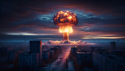 AI generated illustration of a devastating nuclear blast above urban area - obrazy, fototapety, plakaty