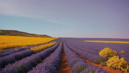 Vivid lavender field under a clear blue daytime sky, AI-generated.