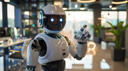 Black and white robot AI artificial intelligence standing in modern office interior. Android cyborg humanoid corporate company worker, business job or work industry automation, employment competition