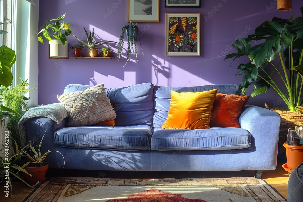 Wall mural Blue sofa by a window with plants in the background, AI-generated.