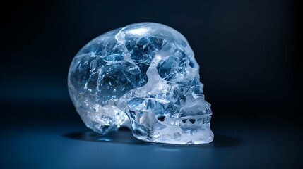 Crystal skull on the ground illuminated by a blue light, AI-generated.