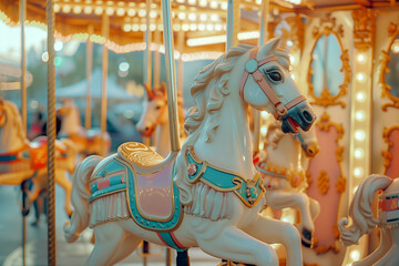Carousel with colorful horse figures spinning in motion, AI-generated.