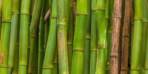 Closeup of thick green bamboo stalks growing in the forest