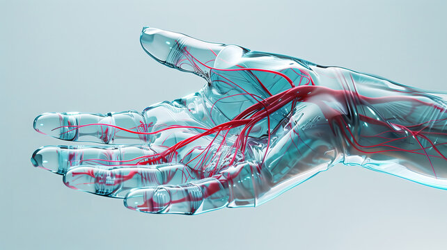 3D style X-Ray Transparent Hand Scan with Visible Red Veins and Red Thread.