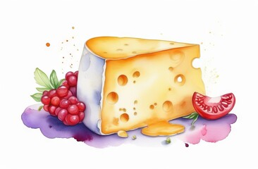 Piece of cheese on white background in watercolor style - 784362544