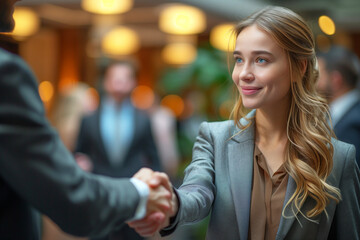 A woman shakes hands with a man in a suit. businesspeople shaking hands in a small meeting, in the style of emphasis on emotion