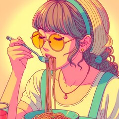 AI generated illustration of a woman enjoying spaghetti with chopsticks and soda - obrazy, fototapety, plakaty