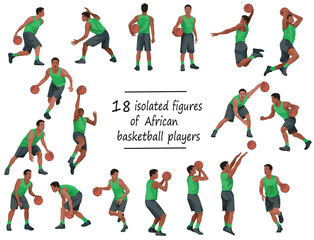 18 black basketball players in green jersey standing, running, jumping, throwing, shooting, passing the ball