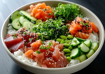 AI generated illustration of a bowl of sushi and salmon with fresh vegetables on the side