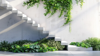 Fototapeta na wymiar modern home interior decorated with green plants under the stairs eco friendly interior architecture design 