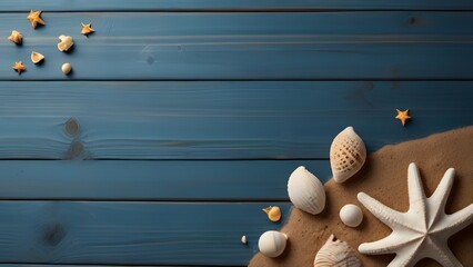 sea salt and sea shells on wooden table, ai generated