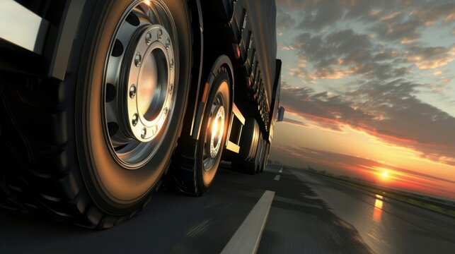 Semi Truck Wheels Closeup on asphalt road highway at sunset - transportation background. 3d rendering.