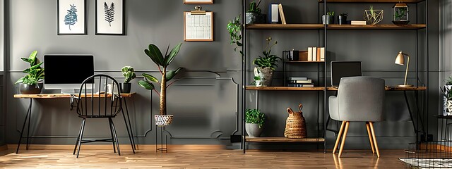Dark open space living room interior with metal rack, grey armchair and plants in the background...