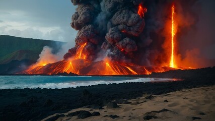 lava flowing into the ocean with an active volcano in the background