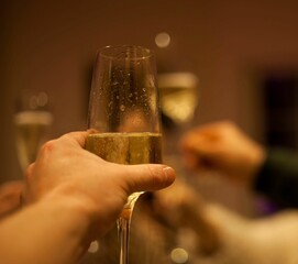 Closeup shot of people hands cheering with champagne flutes