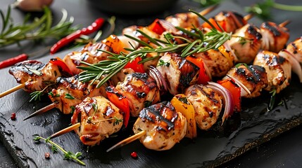 juicy grilled chicken skewers with bell peppers and onions on a slate serving platter