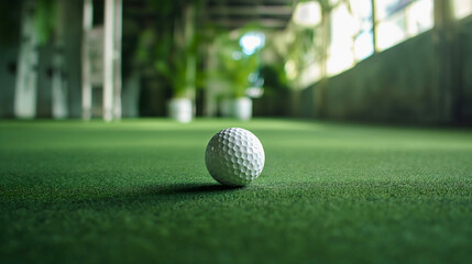 Golf ball on grass floor indoor in sport course building inside. Copy space for text - Powered by Adobe