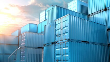Stack of blue containers box, Cargo freight ship for import export logistics 3D rendering - obrazy, fototapety, plakaty