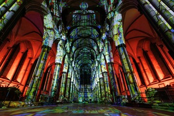 Interior of Salisbury cathedral illuminated for the annual display - obrazy, fototapety, plakaty