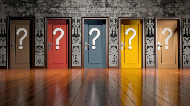 Question marks on five doors of different colors. Choice and opportunity for the future concept, search for right answer for a career path, mystery options, wrong or correct room decision