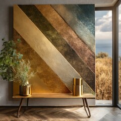 room with a window and a wall.A visually stunning interior palette inspired by brass and nature, showcasing the interplay of metallic accents and earthy hues. With a focus on warmth and texture, this 