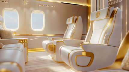Luxury golden and white private jet plane interior seats and window. Comfortable business first class flight inside, empty expensive elegance and success, nobody in prestigious rich and wealthy cabin 