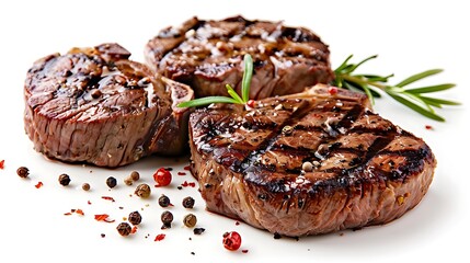 grilled beef steaks with spices isolated on white background - obrazy, fototapety, plakaty