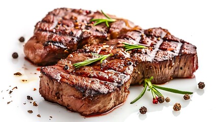 grilled beef steaks with spices isolated on white background - obrazy, fototapety, plakaty