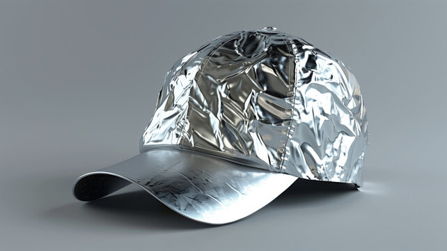 A silver hat made of aluminum foil. The hat is sitting on a black surface. baseball cap wrapped in tin foil