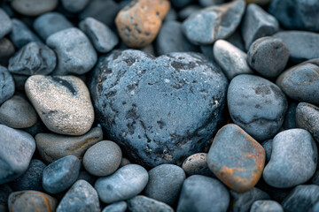 Heart shaped rock on pile of pebble rocks macro nature wallpaper background